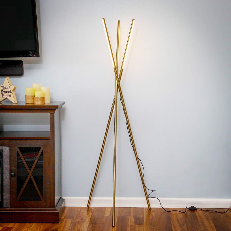 Brightech Stix LED Tripod Floor Lamp for Living Room - Dimmable Modern Standing Lamp, with 3 Lights for Bedroom - Contemporary Office Lighting- Gold / Antique Brass - Image 5